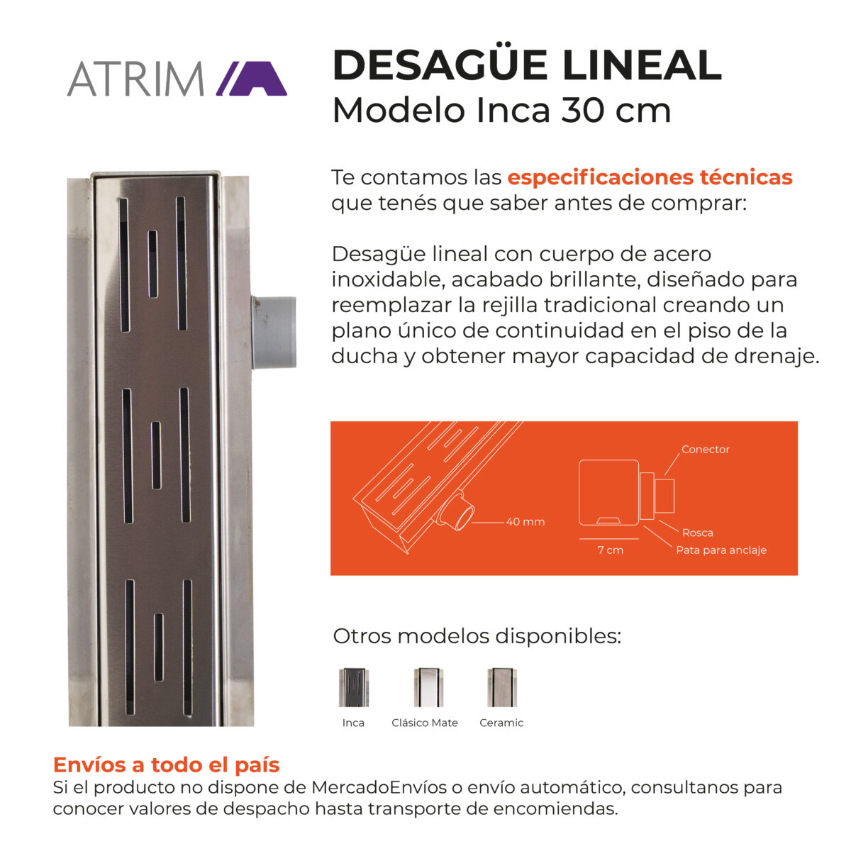 Desagüe Lineal Atrim Aqua Inca 30 cm Acero Inoxidable Mate - Imagen 3