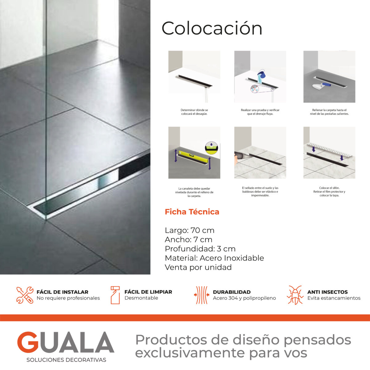 Desagüe Lineal Atrim Aqua Clásico 70 cm Acero Inoxidable Brillante - Imagen 4