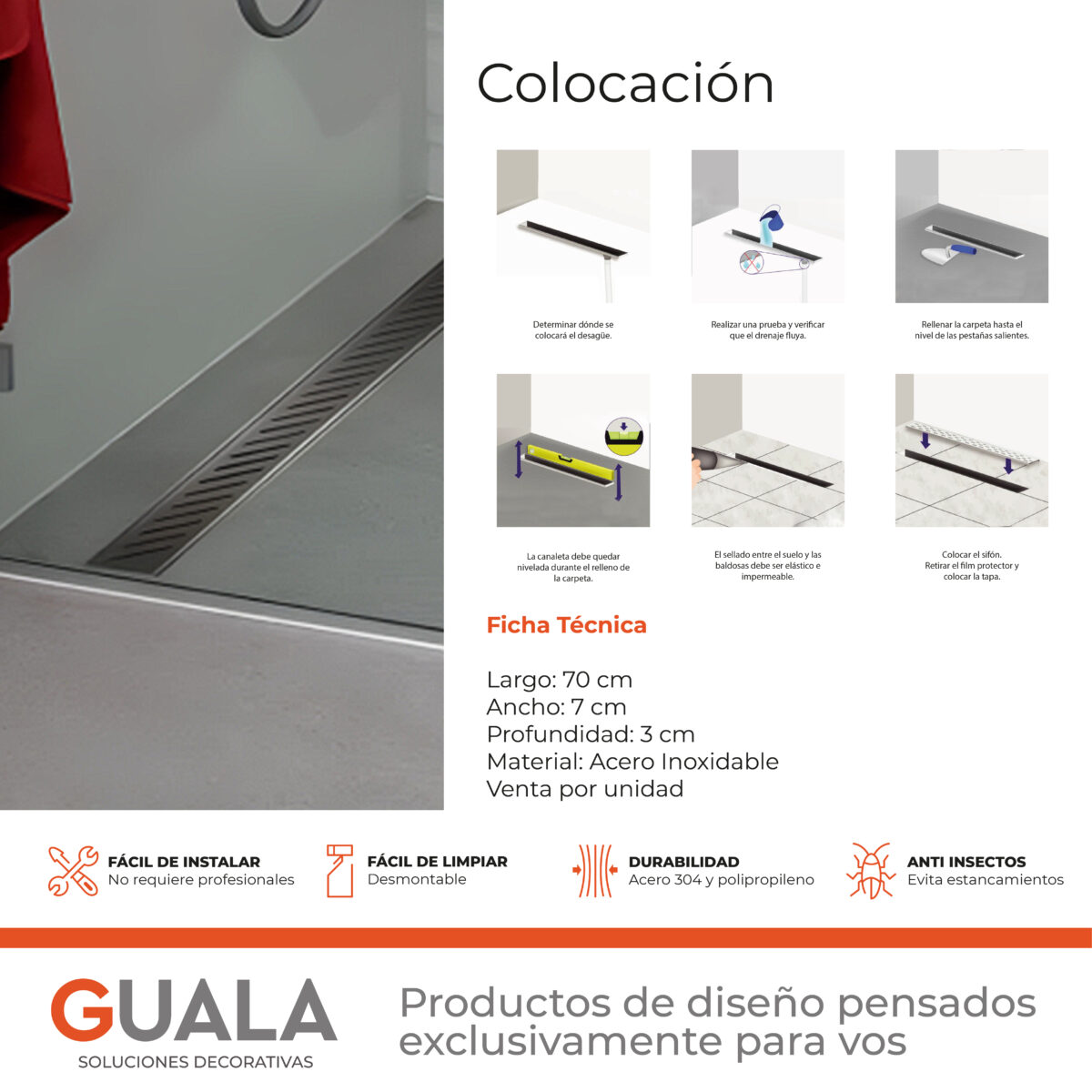 Desagüe Lineal Atrim Aqua Diagonal 70 cm Acero Inoxidable - Imagen 4