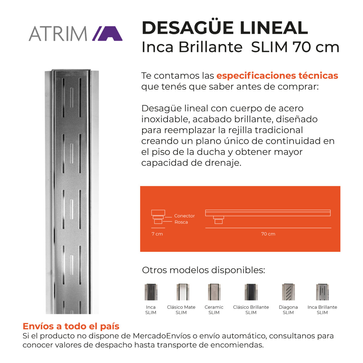 Desagüe Lineal Atrim Aqua Inca 70 cm Acero Inoxidable Brillante - Imagen 3