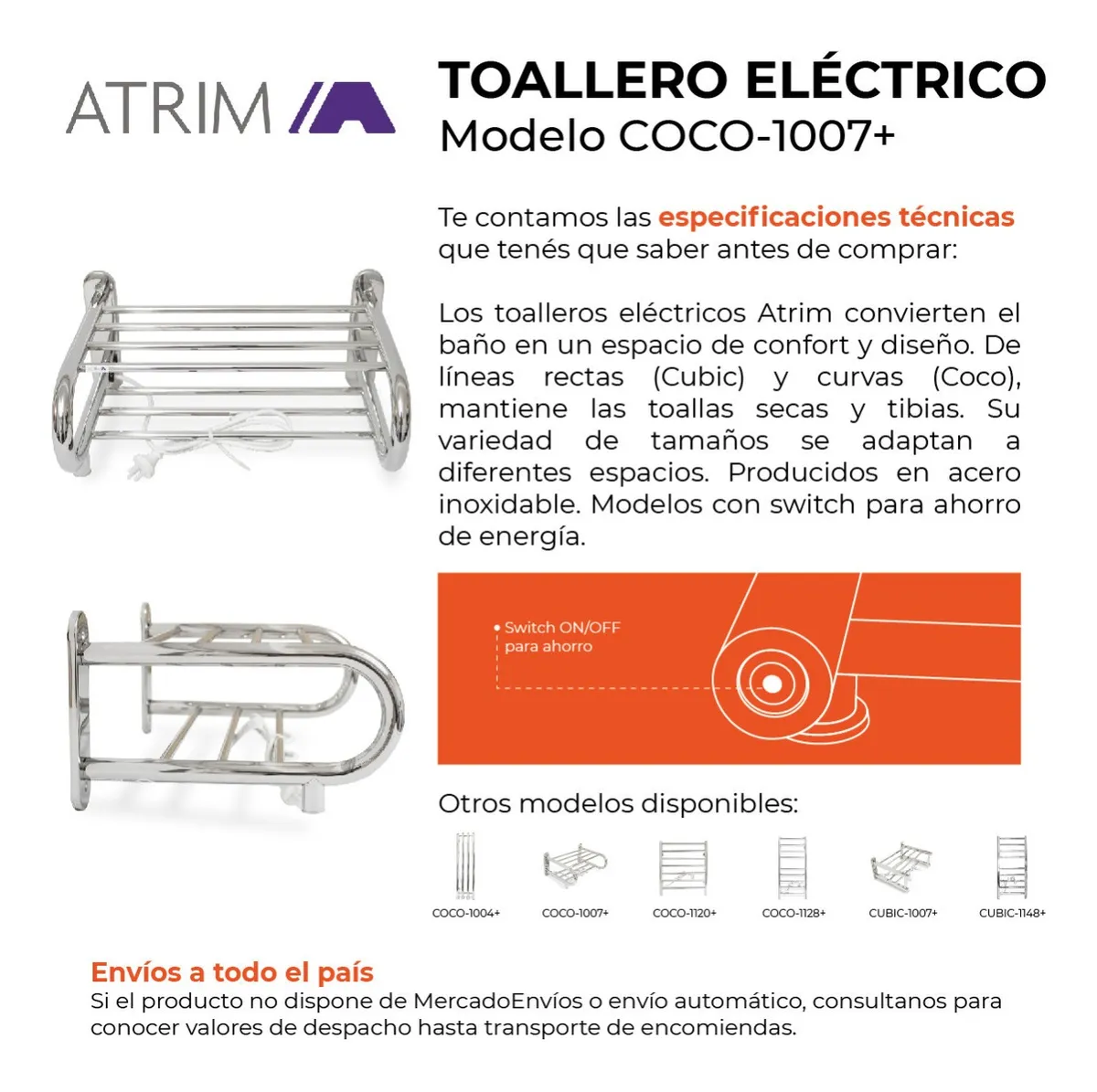 Toallero Electrico Seca Toallas Atrim Coco 1007 22X48x35 Acero