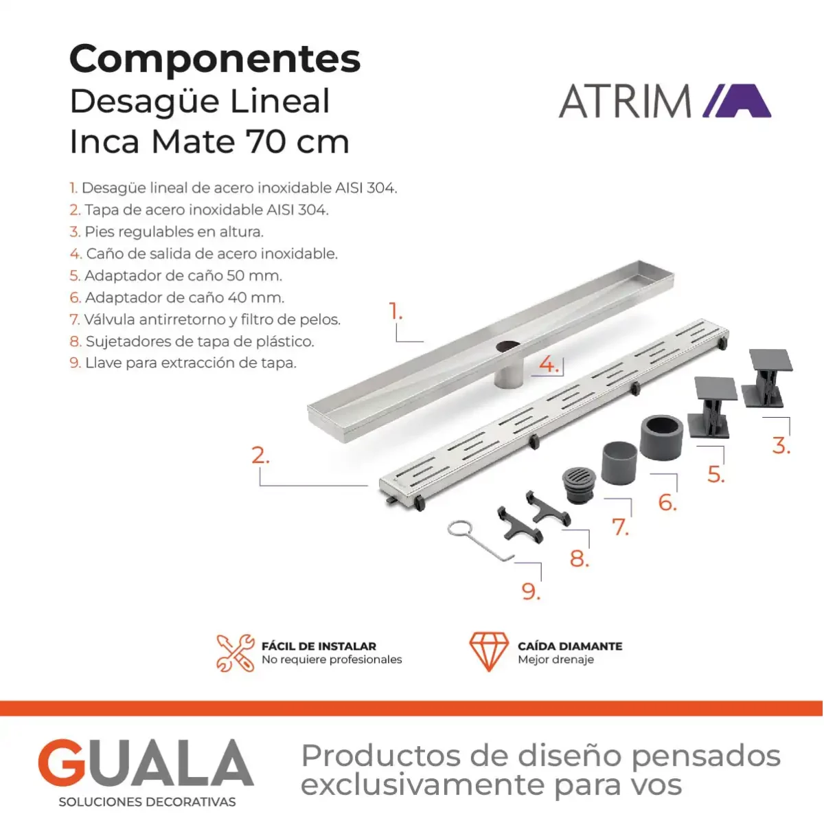 Desagüe Lineal Atrim Aqua Inca 70 cm Acero Inoxidable Mate - Imagen 7