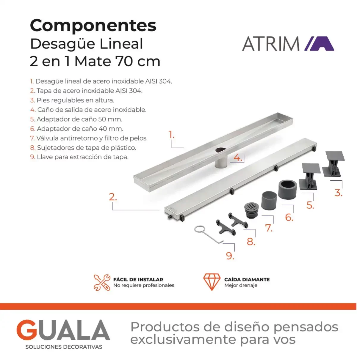 Desagüe Lineal Atrim 2 en 1 Aqua 70 cm Acero Inoxidable Mate - Imagen 6