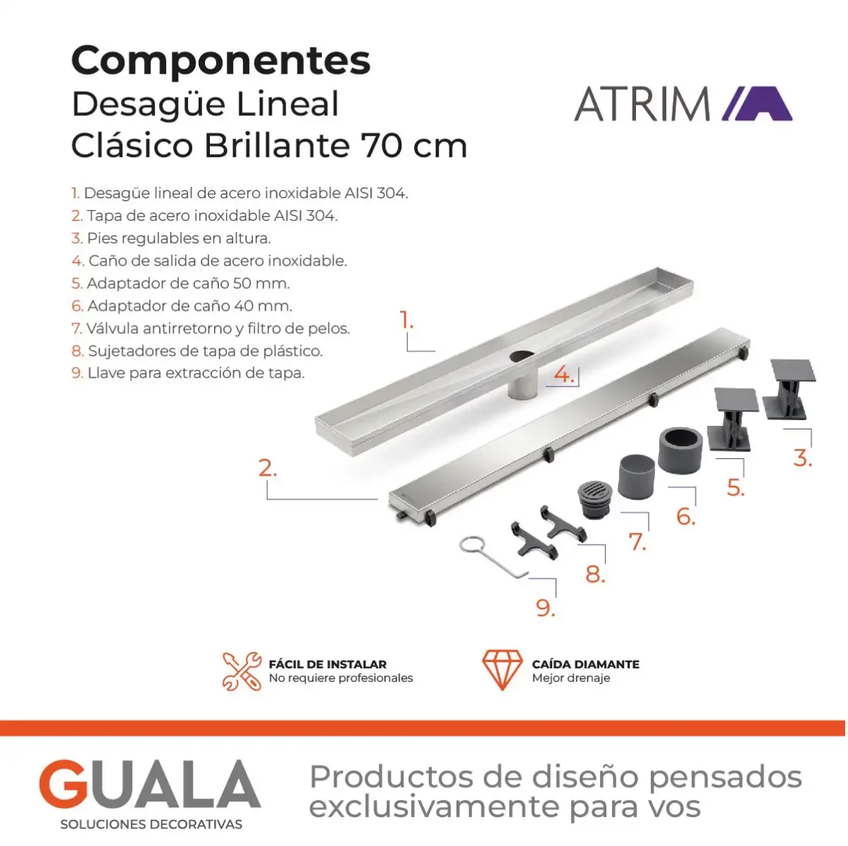 Desagüe Lineal Atrim Aqua Clásico 70 cm Acero Inoxidable Brillante - Imagen 7