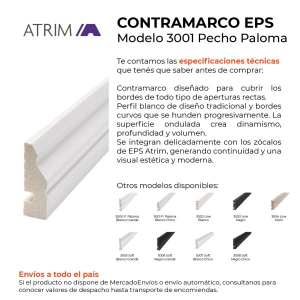 Zócalo Contramarco Atrim Pecho Paloma 45 mm EPS PVC Blanco Mate