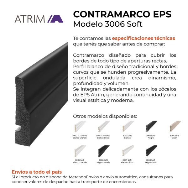 Zócalo Contramarco Atrim Soft 70 mm EPS PVC Negro Mate