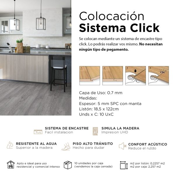 Piso Vinílico Kflooring AquaL 5.7 mm SPC Tránsito Comercial Tipo Shopping Click 2.257 m²