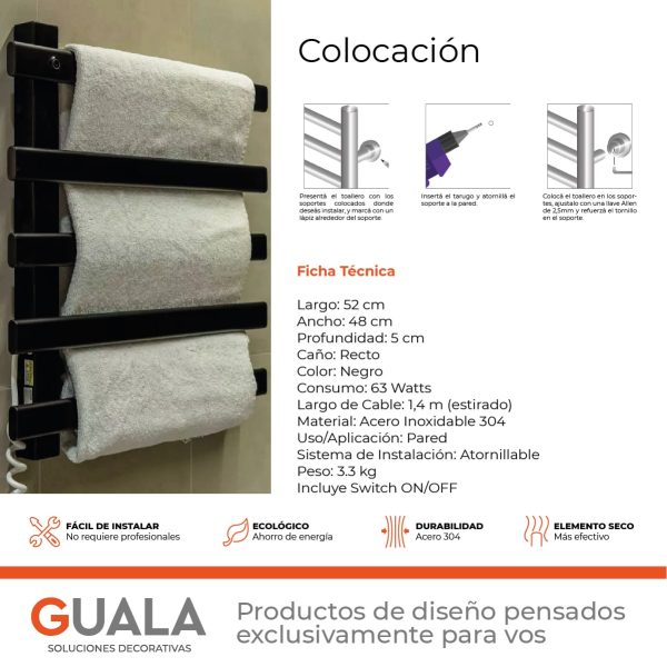 Toallero Eléctrico Atrim Jet 53 x 48 cm Acero Inoxidable Negro Mate