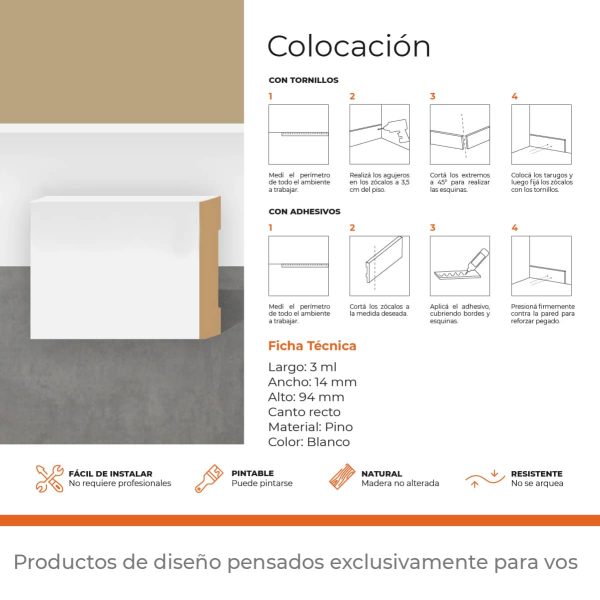 Zócalo de Pino Kflooring Recto Prepintado 94 mm Blanco