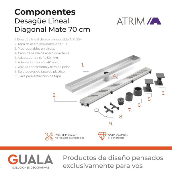 Desagüe Lineal Atrim Aqua Diagonal 70 cm Acero Inoxidable Mate
