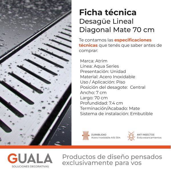 Desagüe Lineal Atrim Aqua Diagonal 70 cm Acero Inoxidable Mate