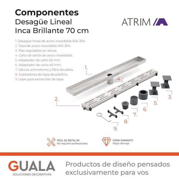 Desagüe Lineal Atrim Aqua Inca 70 cm Acero Inoxidable Brillante