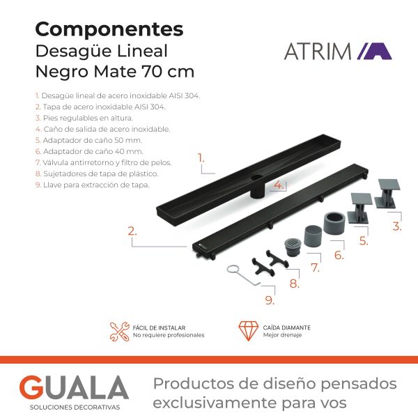 Desagüe Lineal Atrim Aqua Negro 70 cm Acero Inoxidable Mate