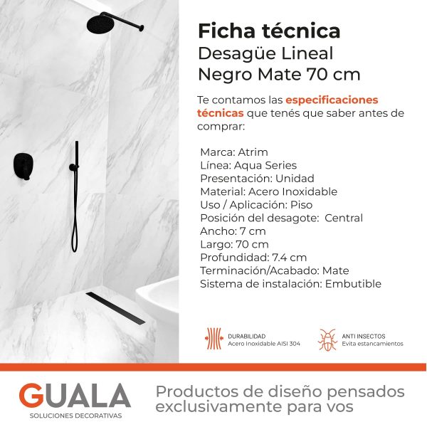 Desagüe Lineal Atrim Aqua Negro 70 cm Acero Inoxidable Mate