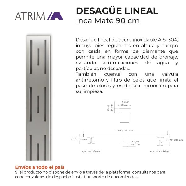 Desagüe Lineal Atrim Aqua Inca 90 cm Acero Inoxidable Mate