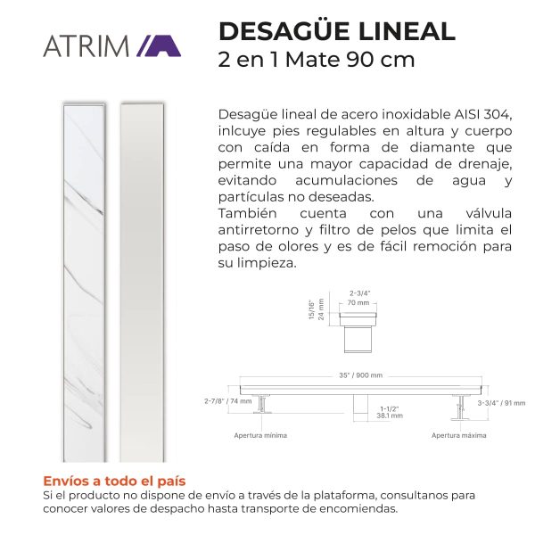 Desagüe Lineal Atrim 2 en 1 Aqua 90 cm Acero Inoxidable Mate
