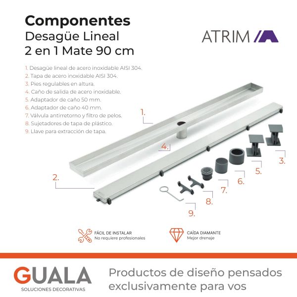 Desagüe Lineal Atrim 2 en 1 Aqua 90 cm Acero Inoxidable Mate