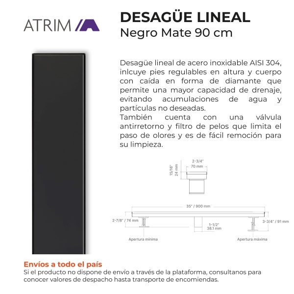 Desagüe Lineal Atrim Aqua Negro 90 cm Acero Inoxidable Mate