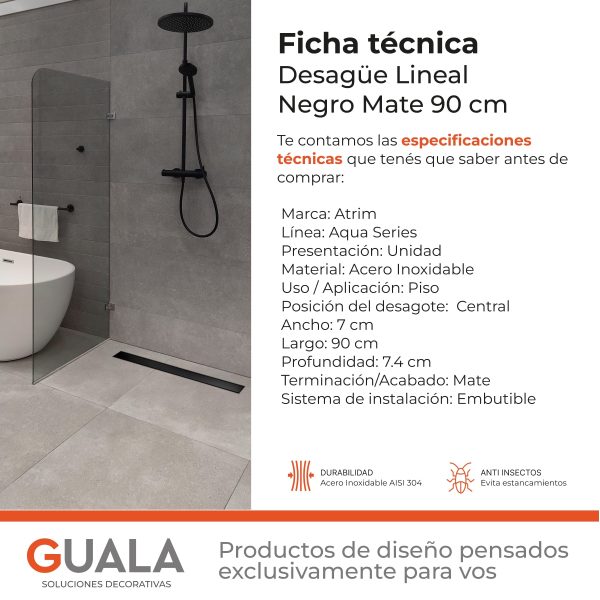 Desagüe Lineal Atrim Aqua Negro 90 cm Acero Inoxidable Mate