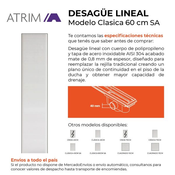 Desagüe Lineal Atrim Río Clasico 60 cm ABS y Acero Inoxidable Sin Acople