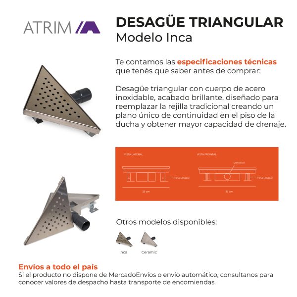 Desagüe Triangular Atrim Aqua Inca 25 cm Acero Inoxidable