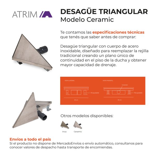 Desagüe Triangular Atrim Aqua Ceramic 25 cm Acero Inoxidable