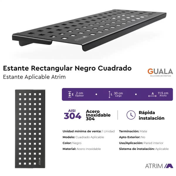Estante Rectangular Cuadrado Atrim Aplicable Negro Mate 30 cm