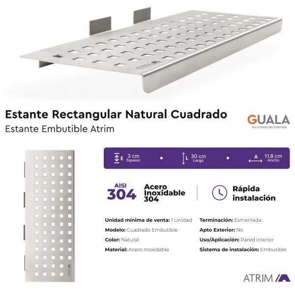 Estante Rectangular Cuadrado Atrim Embutible Esmerilado 30 cm