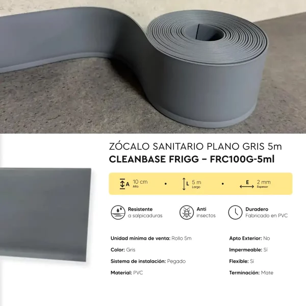 Zócalo Sanitario Plano Gris CleanBase Frigg 10 cm 5m