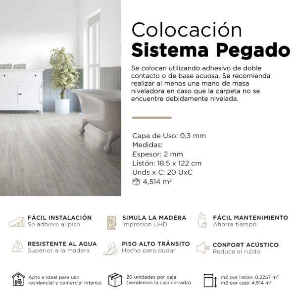 Piso Vinílico Kflooring Roble Gastado GluQuant 2.3 mm LVT Tránsito Comercial Pegable 4.51m²