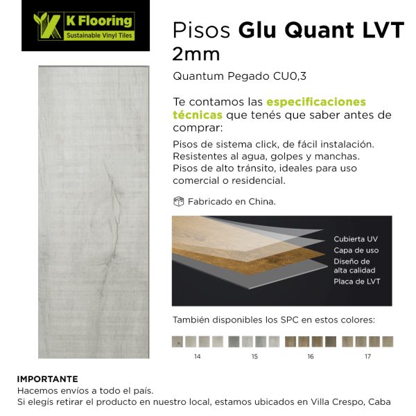 Piso Vinílico Kflooring Gris GluQuant 2.3 mm LVT Tránsito Comercial Pegable 4.51m²