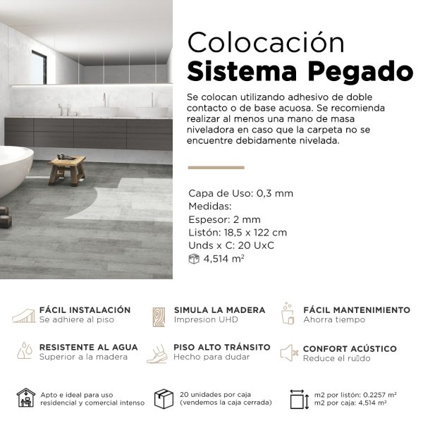 Piso Vinílico Kflooring Gris GluQuant 2.3 mm LVT Tránsito Comercial Pegable 4.51m²