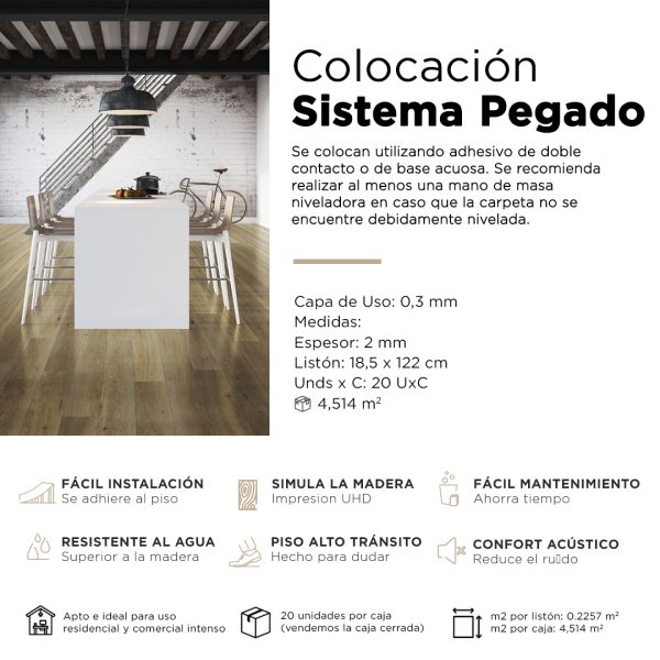 Piso Vinílico Kflooring Roble GluQuant 2.3 mm LVT Tránsito Comercial Pegable 4.51m²