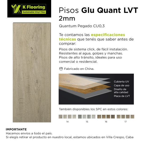 Piso Vinílico Kflooring Roble Claro GluQuant 2.3 mm LVT Tránsito Comercial Pegable 4.51m²