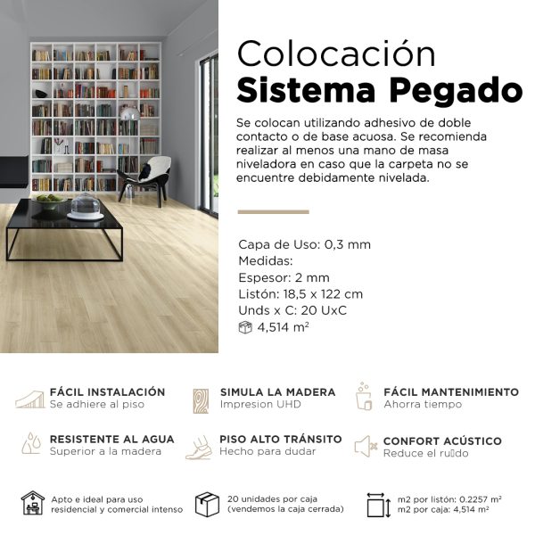 Piso Vinílico Kflooring Roble Claro GluQuant 2.3 mm LVT Tránsito Comercial Pegable 4.51m²