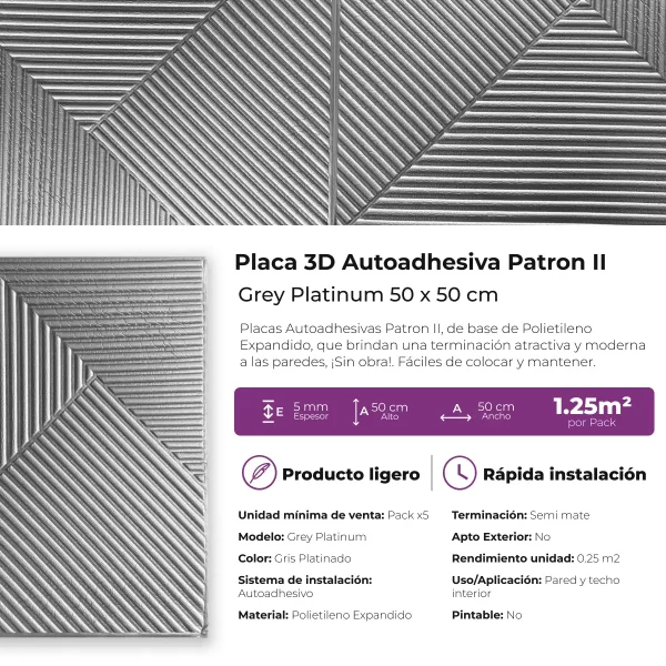 Placa 3D Autoadhesiva Patron II Grey Platinum 50x50 cm Revestimiento Lifewall Pack x5