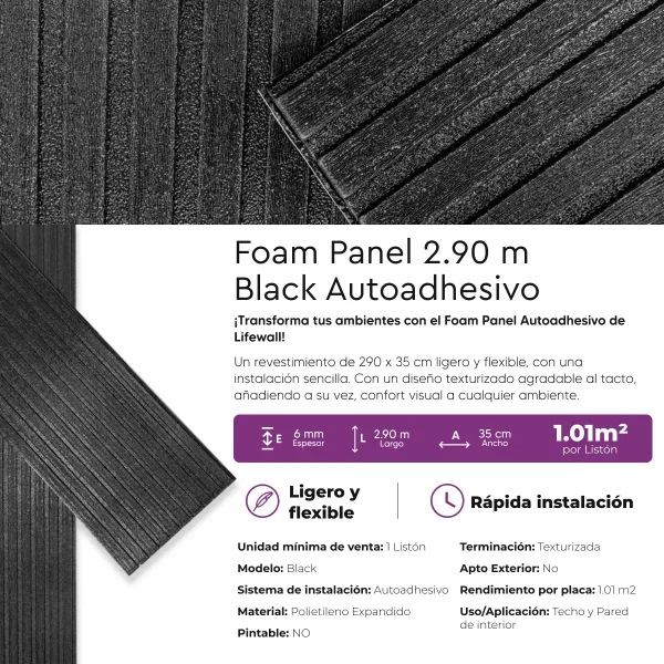 Revestimiento Foam Panel Autoadhesivo Black 2.90m