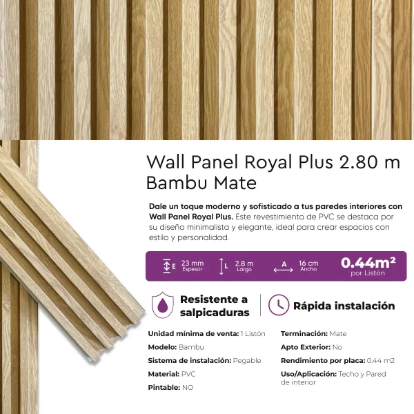 Revestimiento Wall Panel Royal Plus Bambu Mate PVC Lifewall 2.80 m