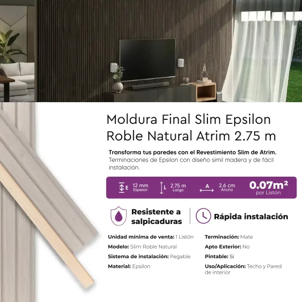 Revestimiento Atrim Moldura Final Slim Roble Natural EPS Simil Madera 2.75 m