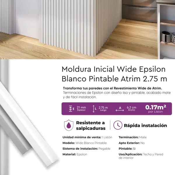 Terminación Inicial Revestimiento Wall Panel Atrim Wide Blanco Pintable EPS Mate 2.75 m