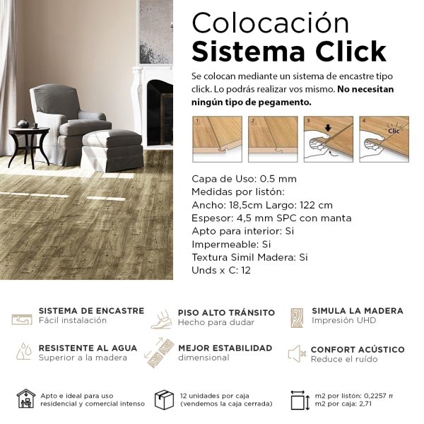 Piso Vinílico Kflooring AquaS Arce 4.5 mm SPC Tránsito Comercial Intenso Click 2,63 m²