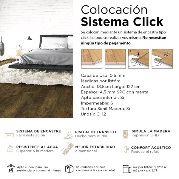Piso Vinílico Kflooring AquaS Roble Oscuro 4.5 mm SPC Tránsito Comercial Intenso Click 2,63 m²