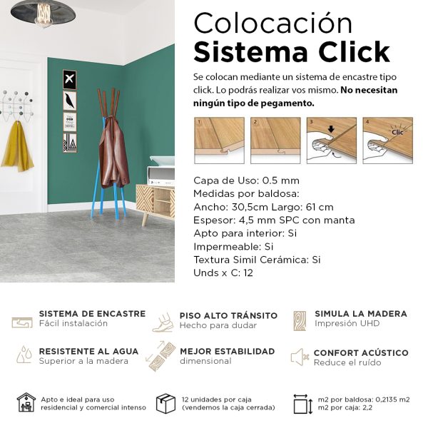 Piso Vinílico Kflooring AquaS Gris 4.5 mm SPC Tránsito Comercial Intenso Click 2.6 m²