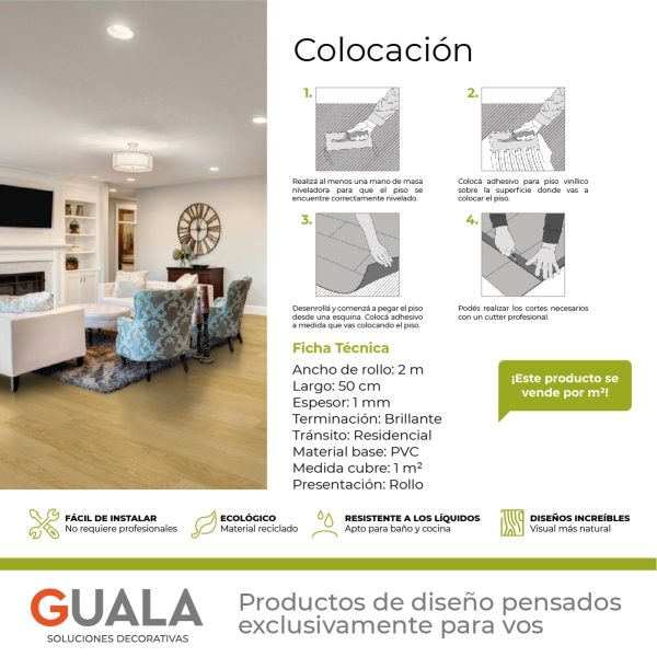 Piso Vinílico en Rollo PVC Simil Madera Pino Transito Residencial Moderado 1m²