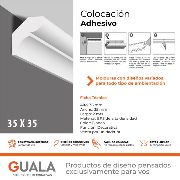 Moldura Decorativa 35x35 mm EPS Blanco Tira 2 m