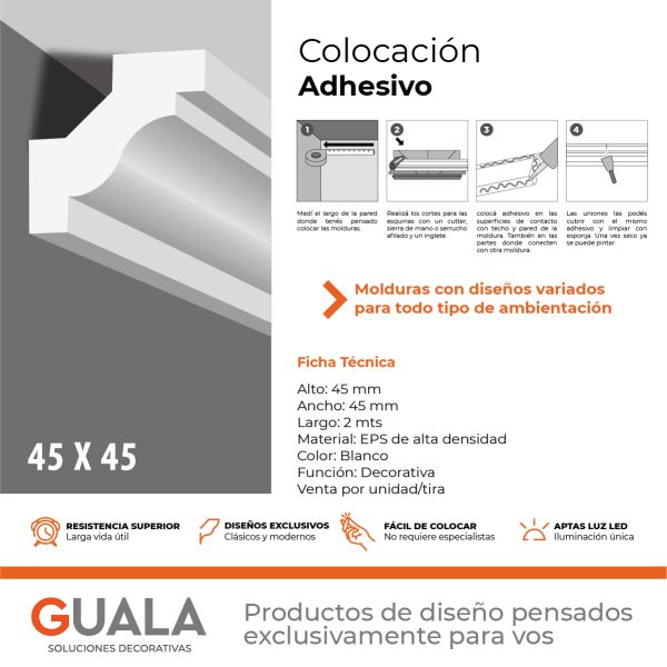 Moldura Decorativa 45x45 mm EPS Blanco Tira 2 m