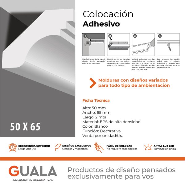 Moldura Decorativa 50x65 mm EPS Blanco Tira 2 m