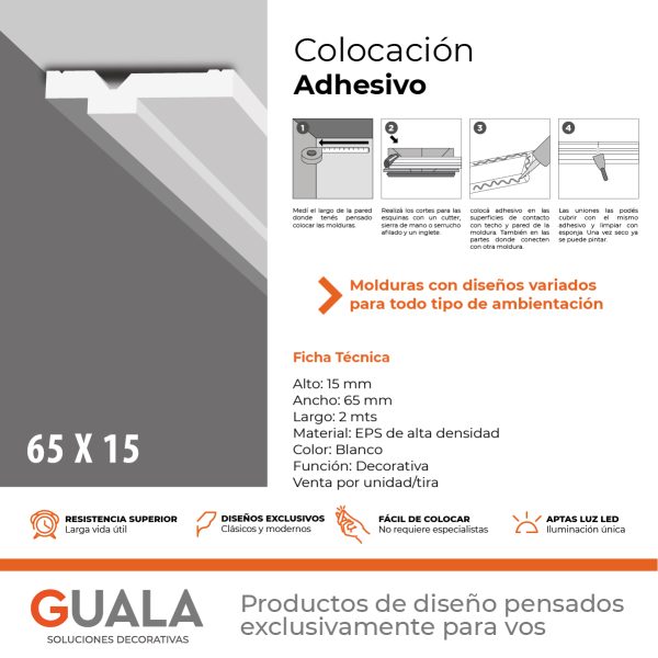 Moldura Contemporánea 15x65 mm EPS Blanco Tira 2 m