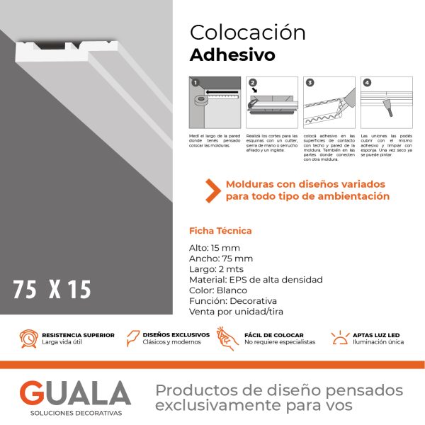 Moldura Contemporánea 15x75 mm EPS Blanco Tira 2 m