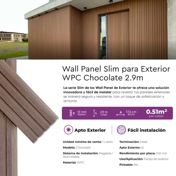 Revestimientos Wall Panel WPC Slim 2.9m Chocolate Mate Coextrusado